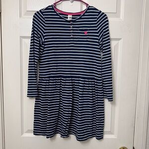 OshKosh B’gosh Kids Girl Size 14 Navy Blue White Stripes Drop Waist Dress Sleeve